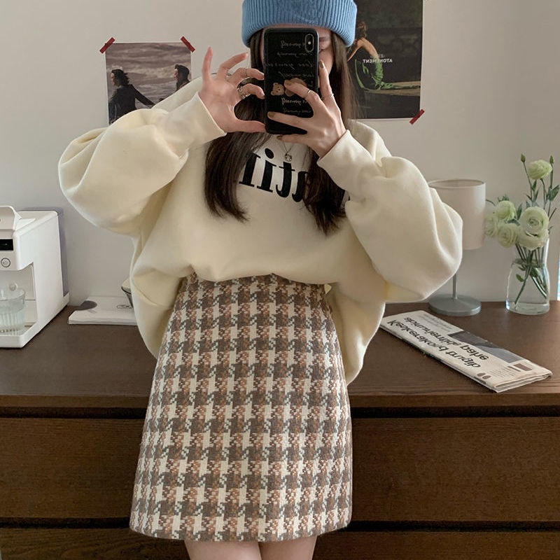 Set áo hoodie dài tay và chân váy tweed họa tiết sọc caro kiểu Hàn trẻ trung (có bán lẻ)