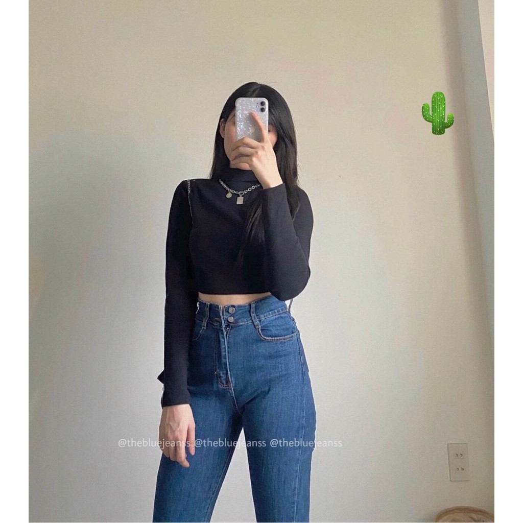 Áo Kiểu Nữ Croptop Body Tay Dài Cổ Lọ Trắng-Đen