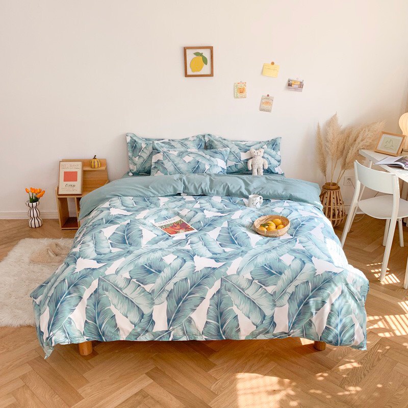 Trọn Bộ Vỏ Chăn Ga Gối Cotton Poly Nhập Mẫu LÁ XANH.Chăn Ga Gối Mền Gia Đình Bộ Quà Tặng Ý Nghĩa. KIRIIN Store