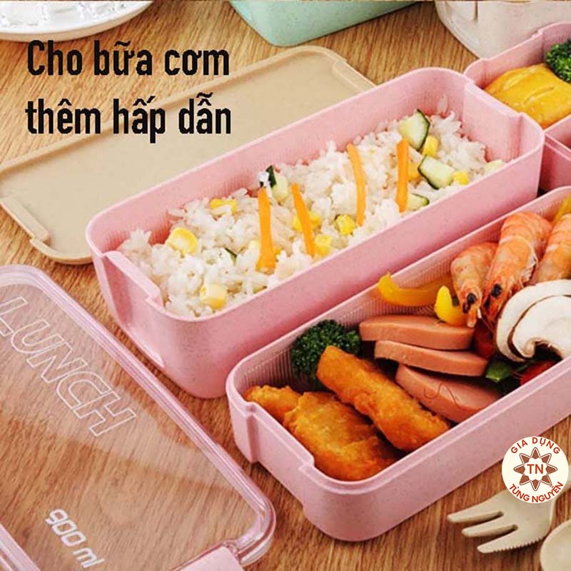 Hộp cơm lúa mạch 3 tầng siêu đẹp - hộp cơm văn phòng nhỏ gọn - nhiều màu dễ thương