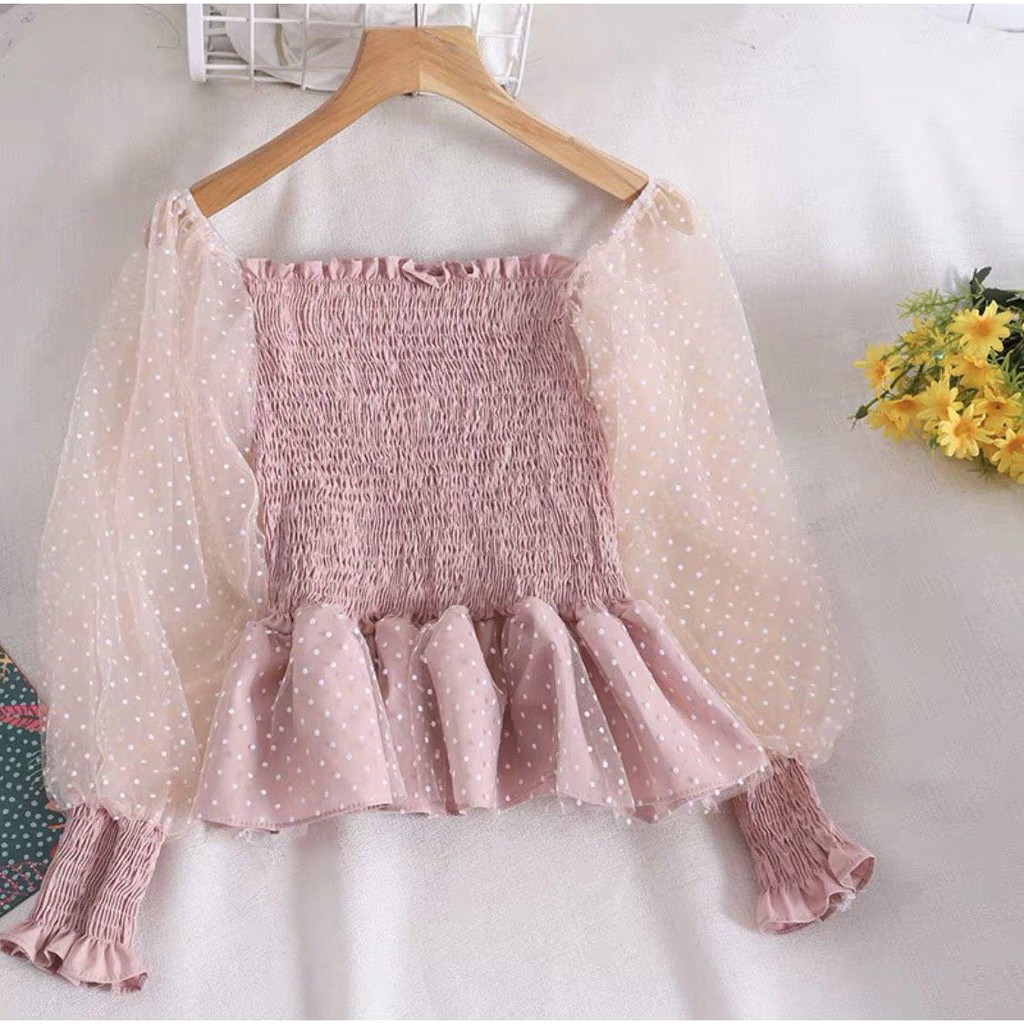 [Giá Gốc] 1125A26B1 Áo trễ vai peplum dài tay voan nhún chấm bi tiểu thư ngọt ngào