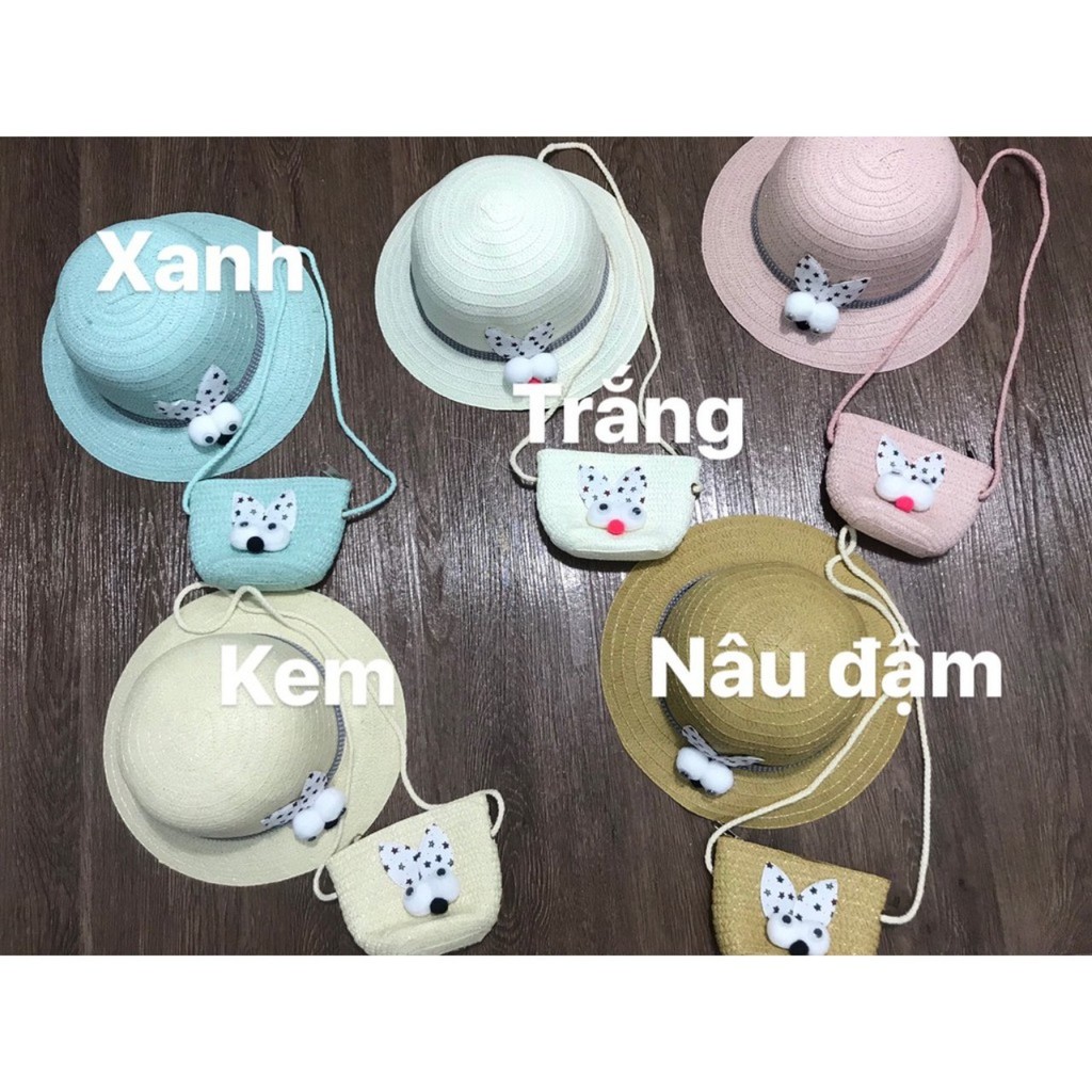 Mũ cói kèm túi hình thỏ cho bé xinh lung linh, set mũ cói đi biển kèm túi hình thỏ cho bé, nón cói kèm túi đính thỏ bông