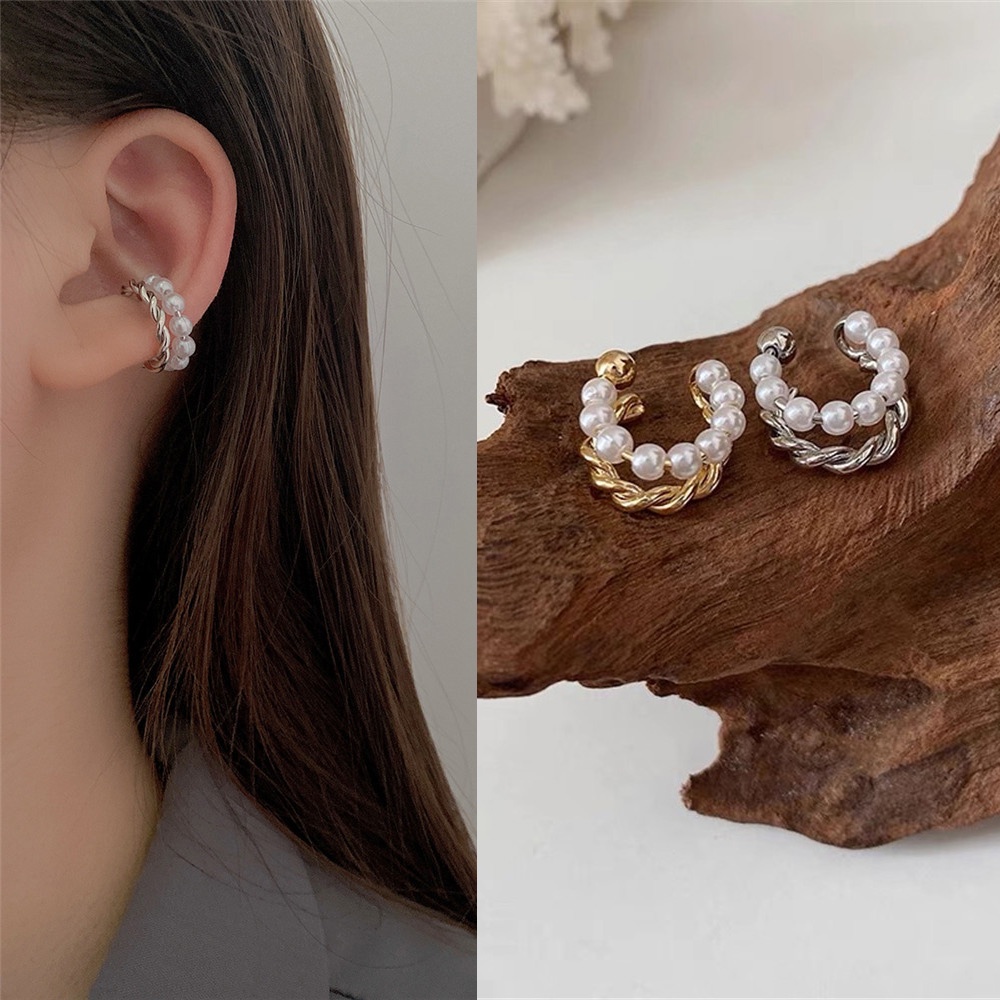 1 Khuyên Vành Tai Hai Lớp Đính Ngọc Trai Thời Trang