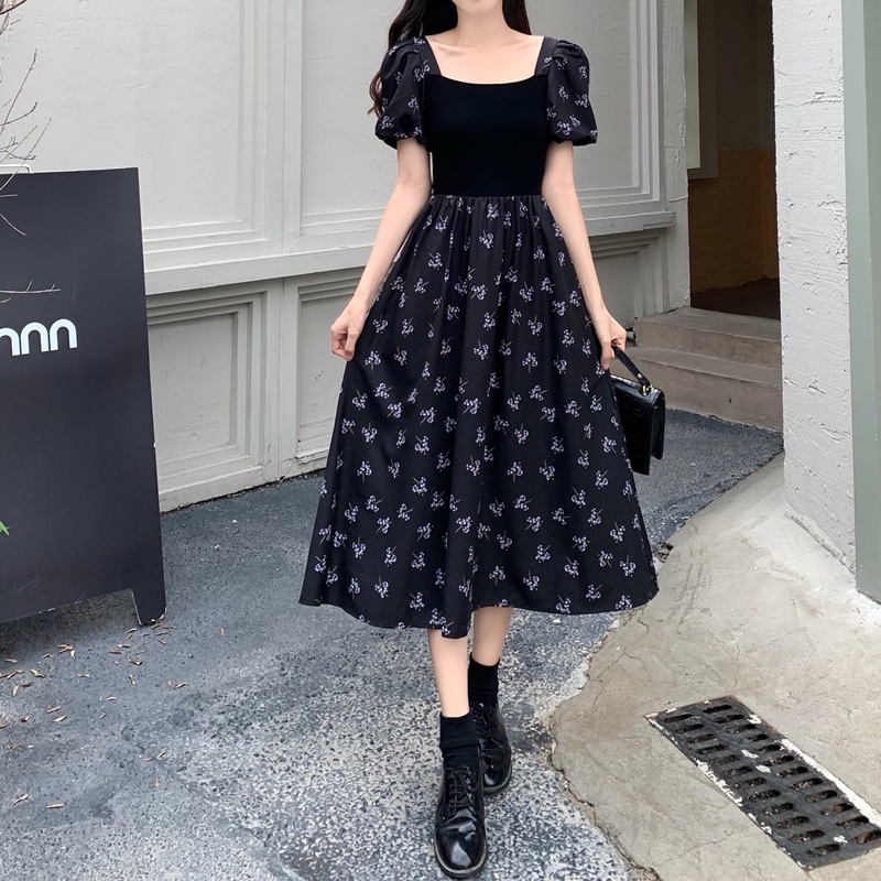 Đầm Perty in hoa tay phồng màu đen phong cách retro Hàn Quốc mùa hè cho nữ