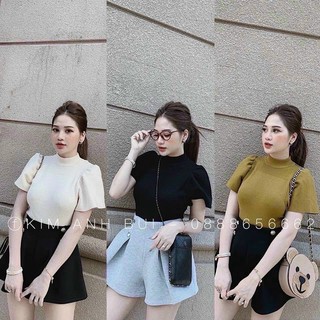 áo kiểu thun gân tay ngắn cổ cao lên form siêu xinh nha khách KV035