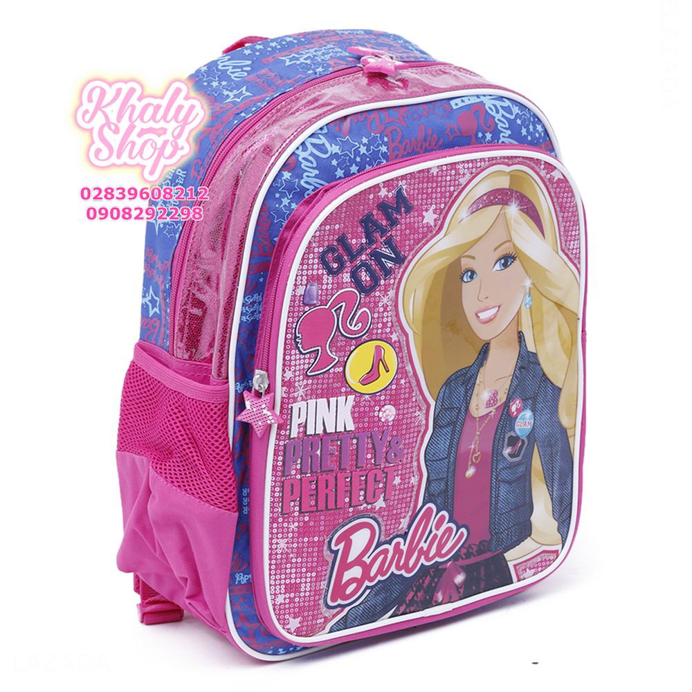 Balo trẻ em 15'' hình Barbie màu hồng viền xanh lấp lánh dành cho học sinh , bé gái - BLBAGU15HX (30x13x38cm)