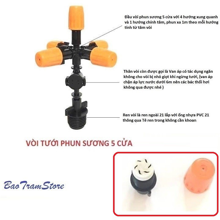 Vòi phun sương 5 cửa có van áp chống nhỏ giọt loại lõi đầu cam màu trắng, dùng ren 21mm