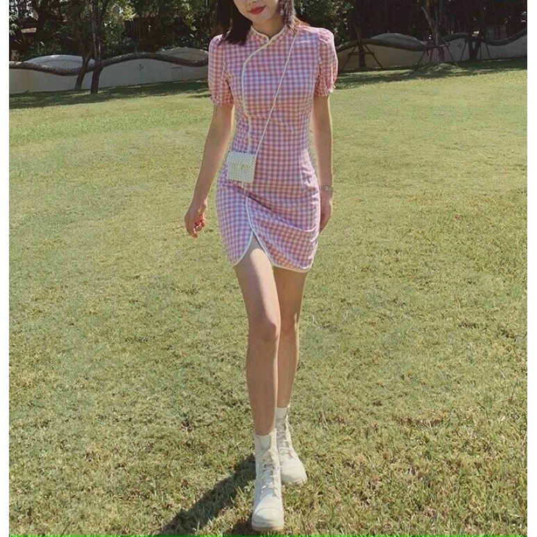 Đầm caro hồng cổ tàu , váy nữ cổ tàu siêu đẹp , váy nữ đi tiệc | BigBuy360 - bigbuy360.vn