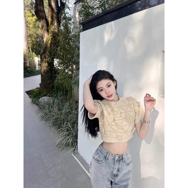 Áo len hoa nổi croptop Quảng Châu hot hit, Áo len croptop hoa nổi siêu xinh