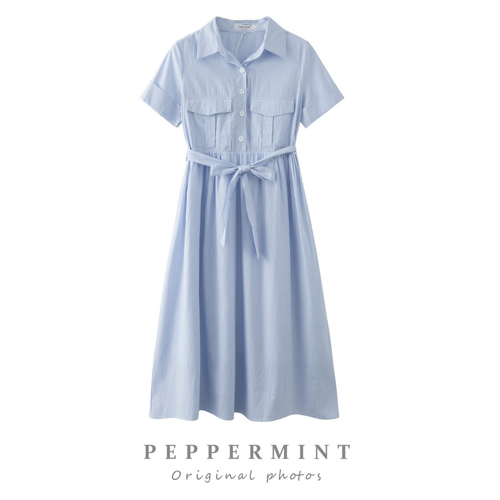 Đầm midi ngắn tay kẻ sọc cổ cao thanh lịch nữ tính 36241