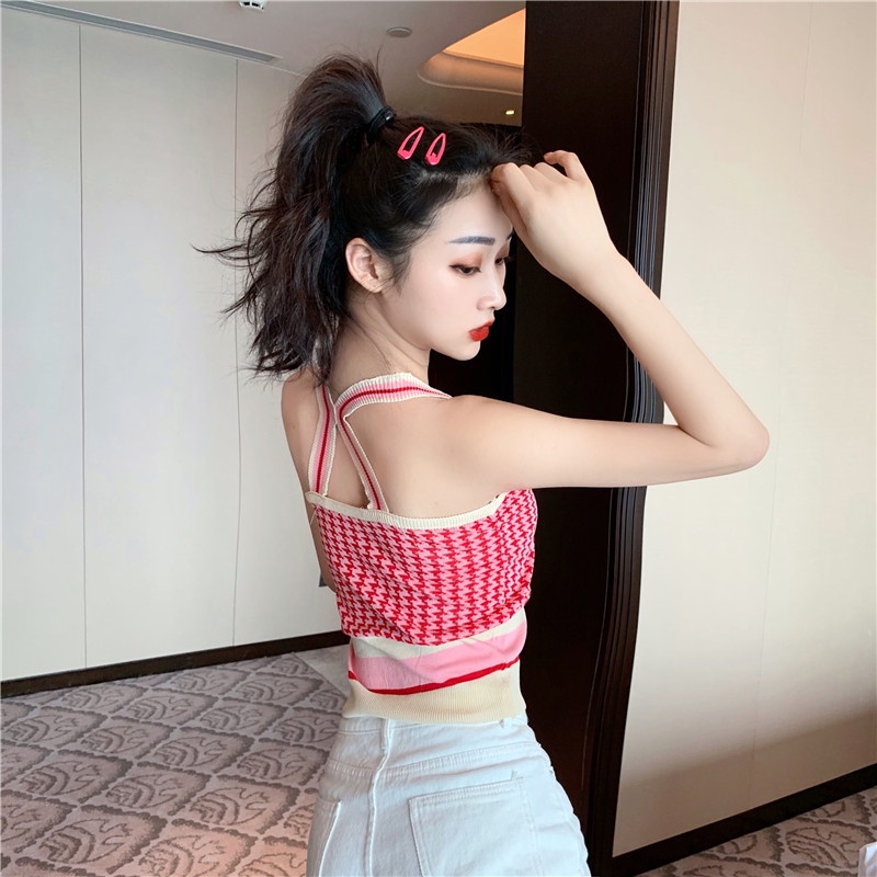 Áo hai dây nữ len tăm dây chéo sau lưng cách điệu siêu dễ thương NORICHIP Áo croptop ôm body phối màu cầu vồng cá tính.