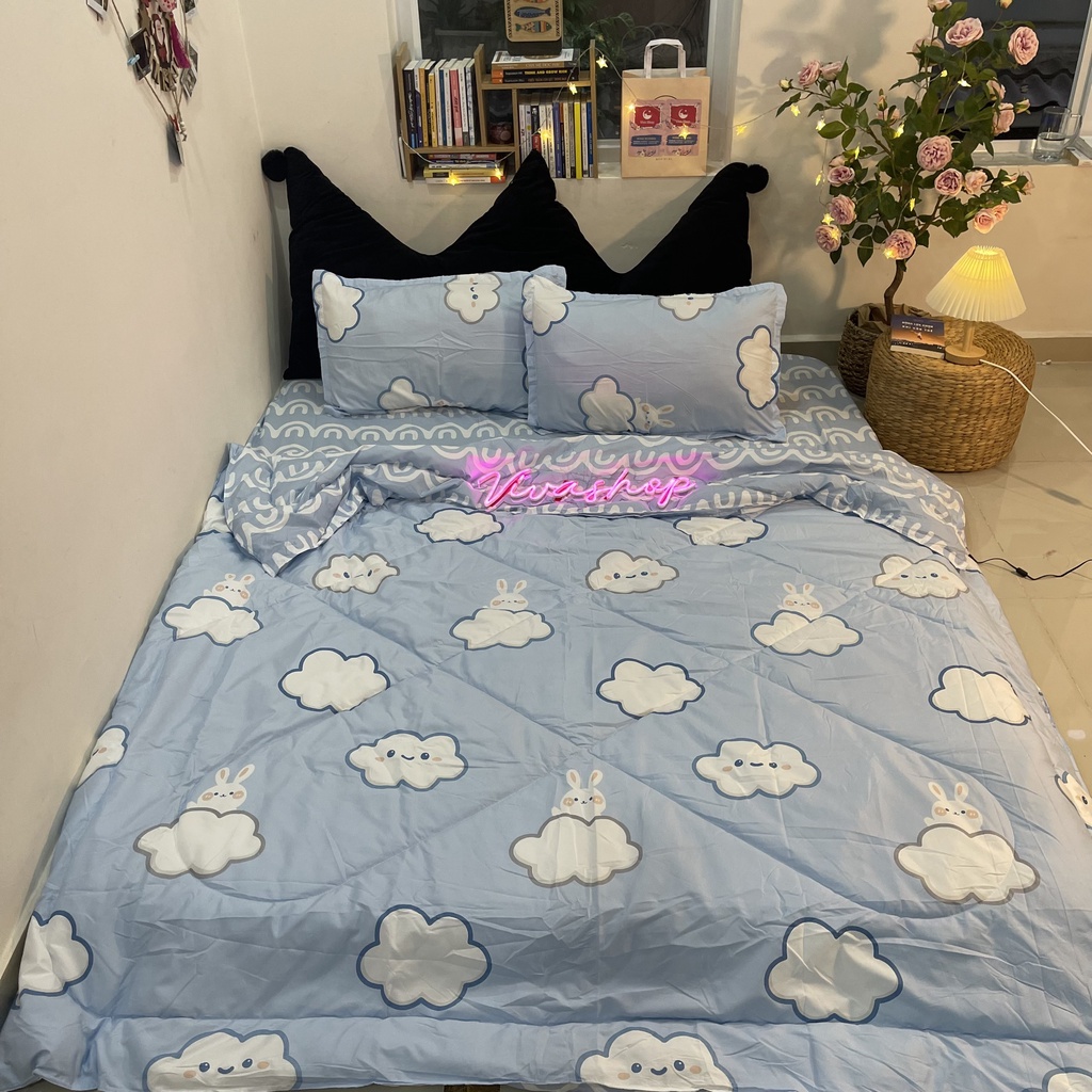 Full Set Bộ Ga giường Cotton Chần Bông Đám Mây Trắng phối Xanh ((m2x2m - m8x2m))