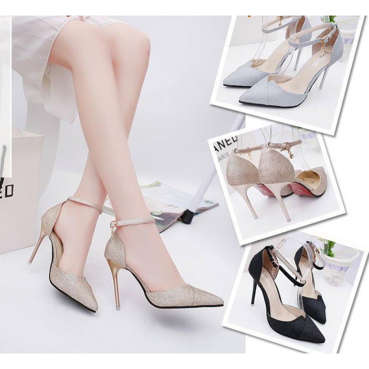 Giày cao gót nữ đế 9p gót nhọn phủ nhũ kim tuyến sang chảnh khoét mũi - CG-0310 giày cao gót nữ cao gót