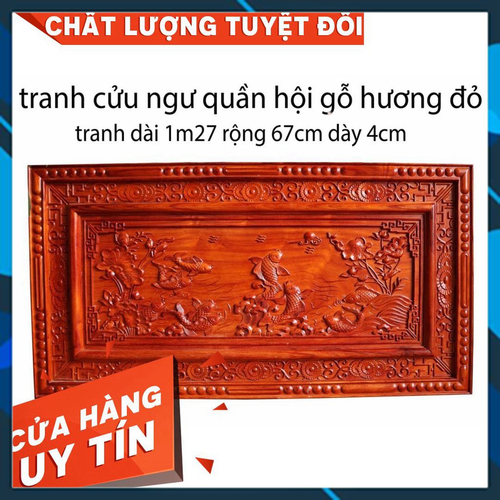 Tranh gỗ hương đỏ-tranh cửu ngư quần hội-tranh trang trí gia đình-tranh gỗ cao cấp