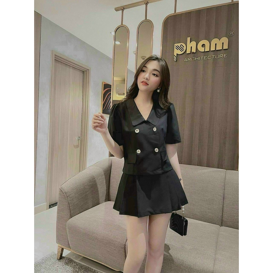 [8.8 Sales Freeship] Set bộ váy tiểu thư cổ bèo,set áo vest cổ sen tay búp phồng kèm chân váy xòe bánh bèo, dễ thương dx