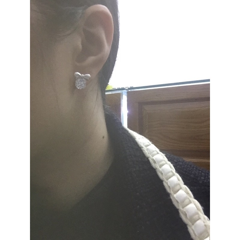 Khuyên tai nơ treo tim đá nhân tạo tròn đính tai bạc thật cao cấp