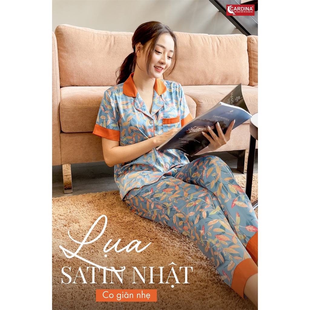 Bộ Pijama Nữ 𝐂𝐀𝐑𝐃𝐈𝐍𝐀 Chất Lụa Satin Nhật Cao Cấp Quần Dài, Áo Cộc Tay Họa Tiết Tinh Tế, Trẻ Trung 1Pi18.