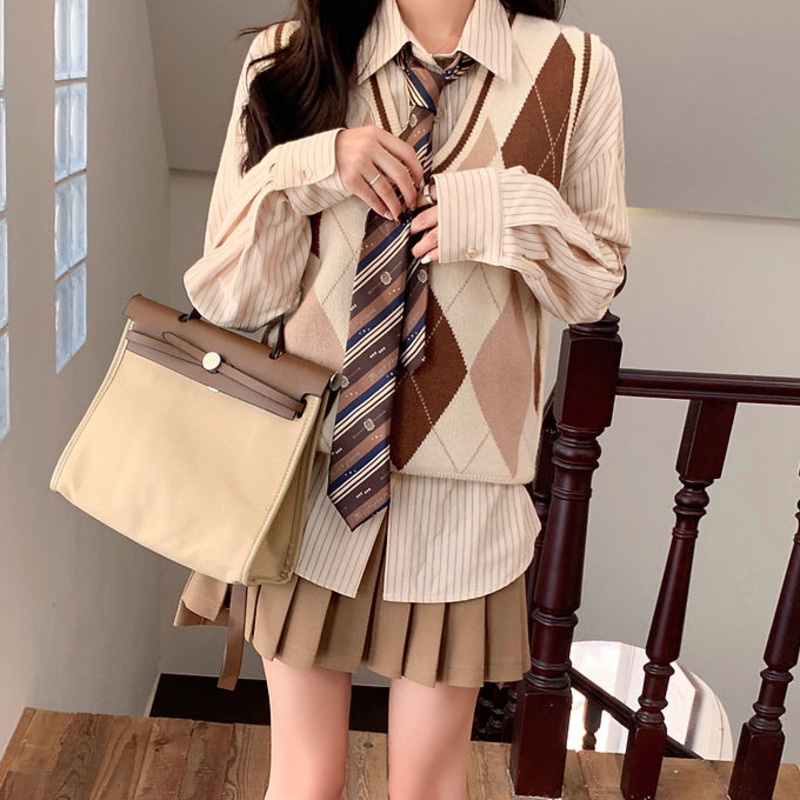 Áo Sweater Dệt Kim Không Tay Dáng Rộng Màu Sắc Tương Phản Phong Cách Retro Hàn Quốc