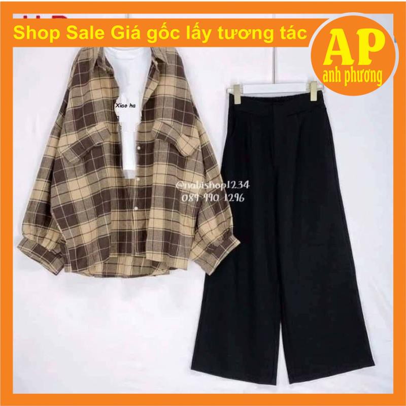 Sét 3 món sơ mi + áo xiao + quần suông❤️gồm áo sơ mi kẻ 2 nắp túi chất thô❤️áo trong body in chữ chất bozip và quần suôg