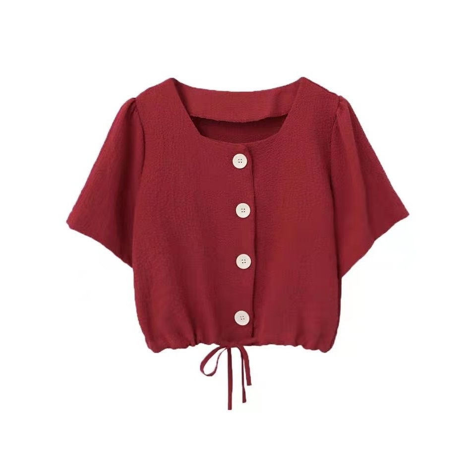 Women's French Square Neck Drawstring Design Shirts Loose Fashion Summer Solid Short Sleeve Crop Tops | BigBuy360 - bigbuy360.vn