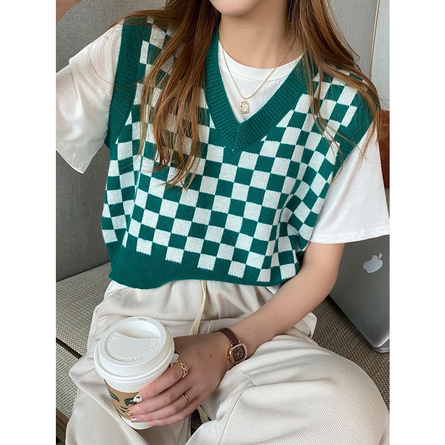 Áo croptop không tay phối sọc caro sành điệu