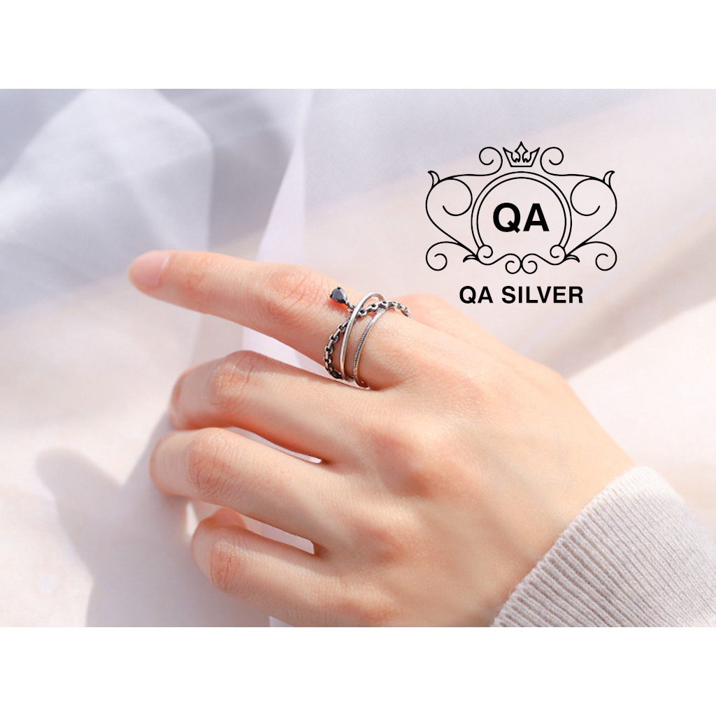 Nhẫn bạc thái nữ 2 tầng mặt đá đen nhẫn bạc thật S925 LAYER Silver Ring QA SILVER RI190101