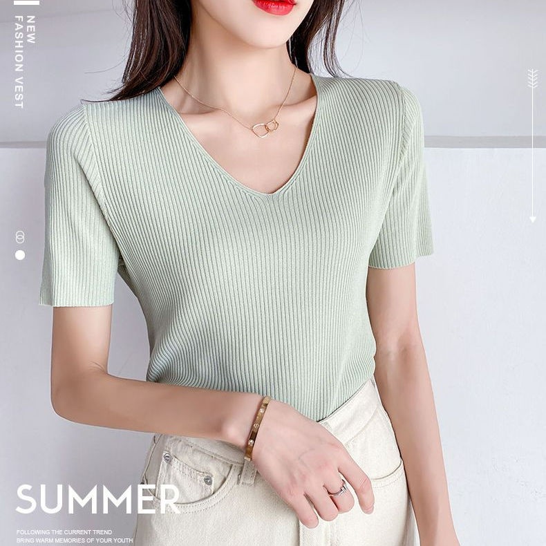 Áo Thun Lụa Dệt Kim Mỏng Tay Ngắn Cổ Chữ v Dáng Rộng Thời Trang Mùa Hè Kiểu Mới Cho Nữ