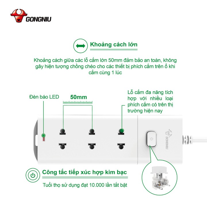 Ổ Cắm Điện Gongniu 3 Ổ 1 Công Tắc V1030 dây 3m hoặc 5m - 2500W – Trắng