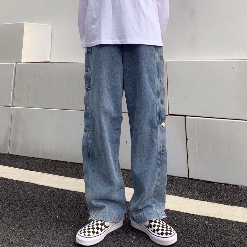 (ORDER TAOBAO)- Quần jeans nam ống suông phối khuy cách điệu UNISEX