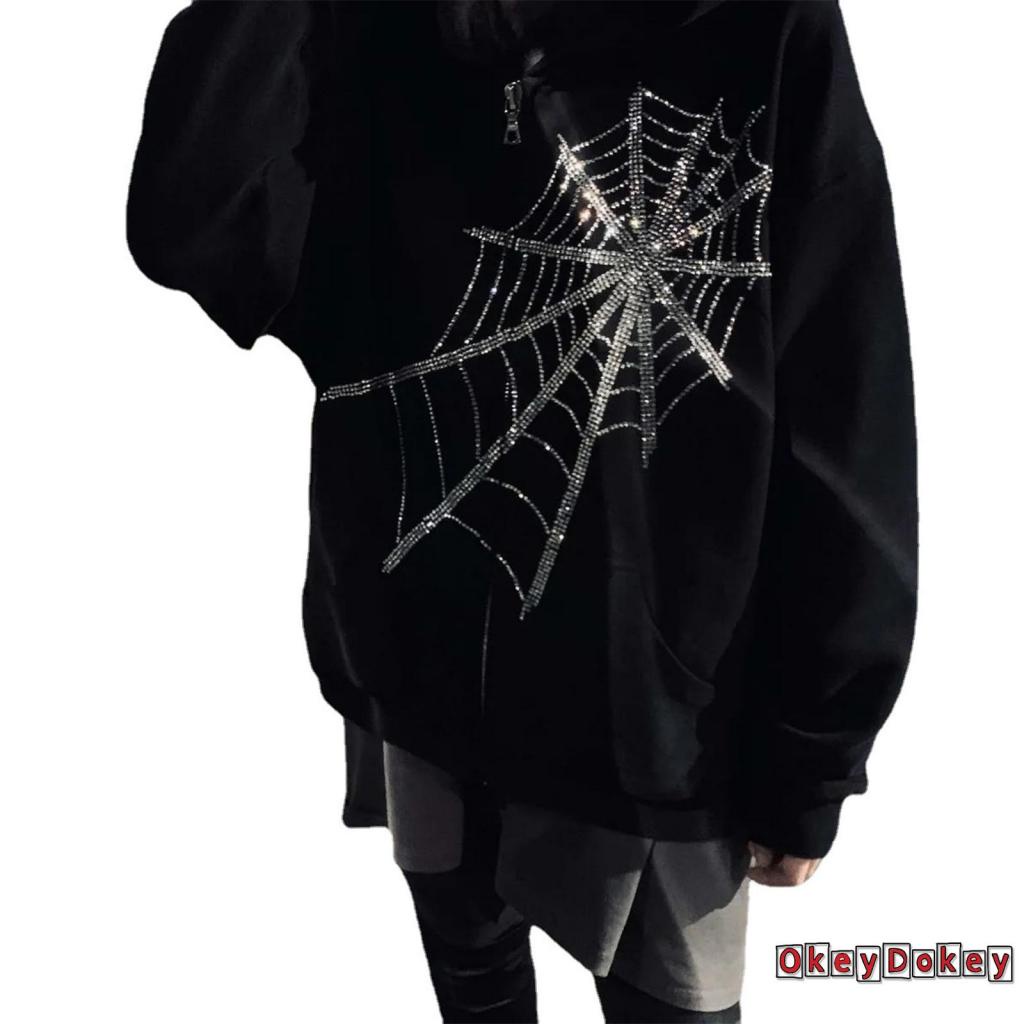 Áo Khoác Cardigan Tay Dài Có Túi Khóa Kéo In Họa Tiết Mạng Nhện Đính Đá & Túi y2k Cho Nữ