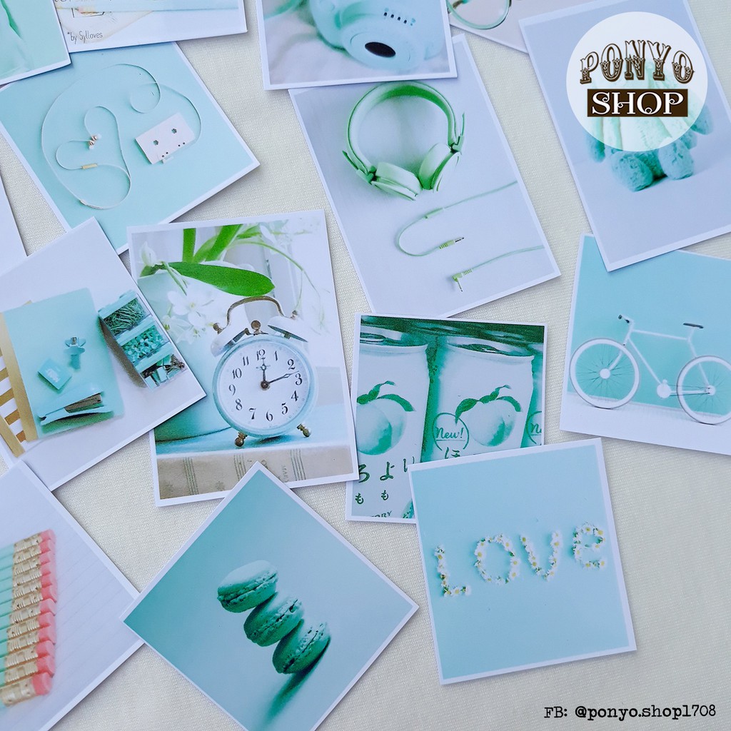 Set 21 sticker nhãn dán ảnh phong cách Instagram (Màu Xanh bạc hà) trang trí Scrapbook/Planner