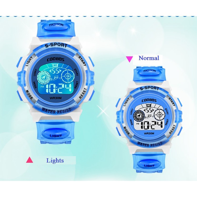 Đồng Hồ Điện Tử Chống Thấm Nước Có Đèn Led 7 Màu Cho Bé