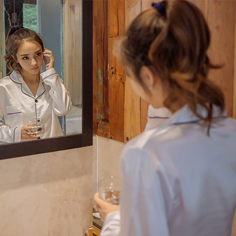 Set đồ ngủ lụa satin kẻ sọc phối nút phong cách Hàn Quốc quyến rũ