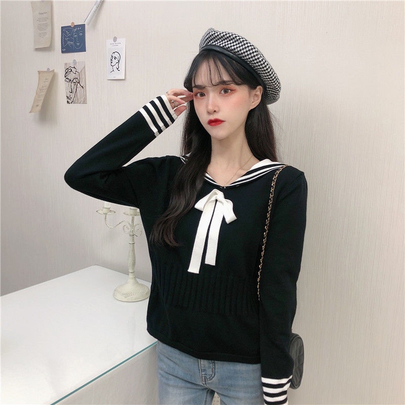 Áo sweater dệt kim chui đầu dáng rộng cổ hải quân phong cách ngọt ngào thời trang thu đông 2020 mới cho nữ