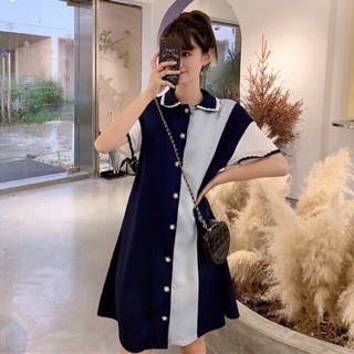 (Order) M-4XL Đầm sơ mi cổ đức cúc hoa phối màu cá tính, tay loe nhẹ A