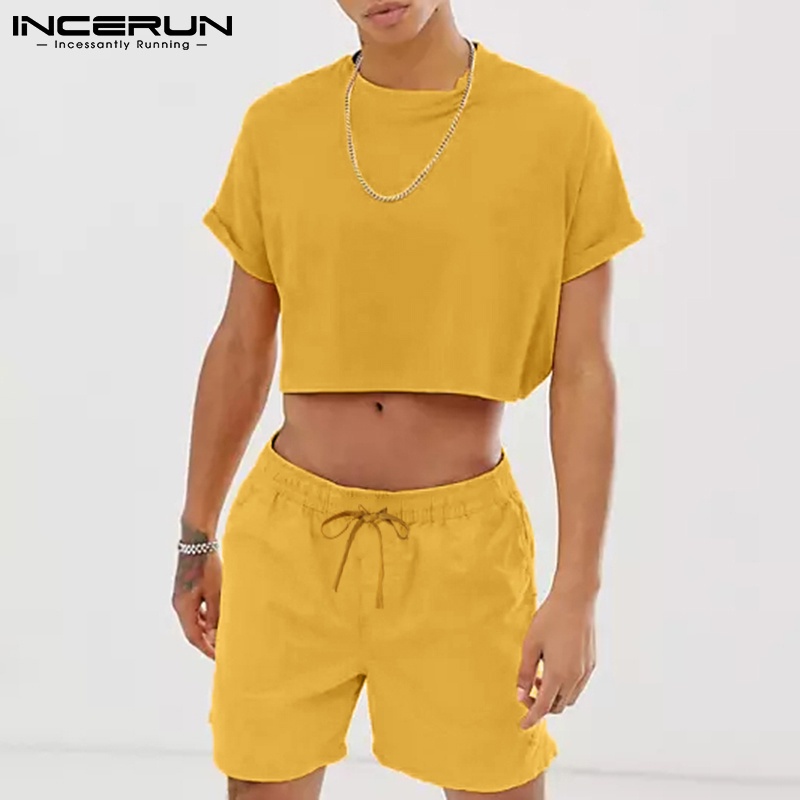 Bộ áo crop top và quần short INCERUN màu trơn 2 món thời trang mùa hè dành cho nam