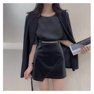 Chân váy da dây xích-chân váy chữ a phối vạt chéo