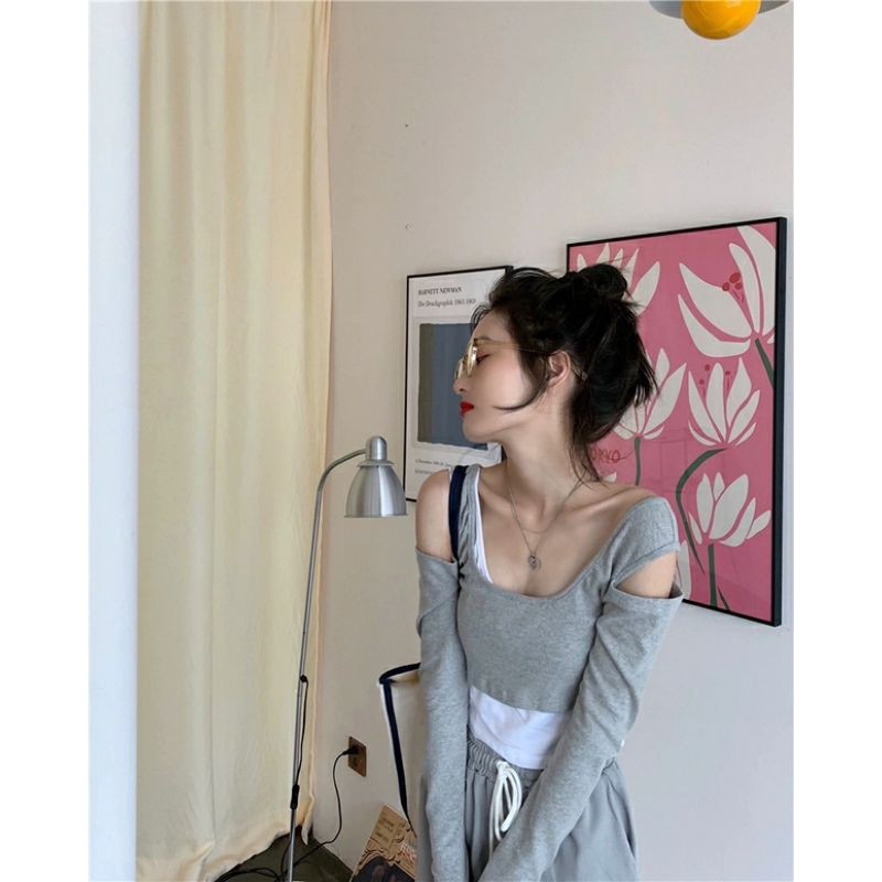áo thun nữ hai dây hot girl thiết kế cảm giác xếp chồng lệch vai