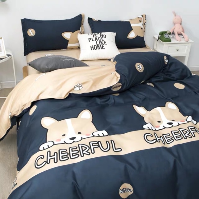 Chăn ga gối Emmibedding chất liệu cotton poly họa tiết chó cheful đáng yêu đủ size miễn phí bo chun