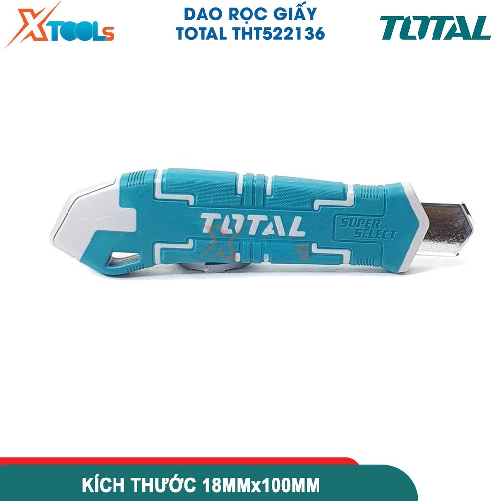 Dao rọc giấy 18x100mm TOTAL THT522136, dao cắt giấy có chiều dài 18mmx100mm, kèm 3 lưỡi SK5, với nút ấn dẹp [CHÍNH HÃNG]
