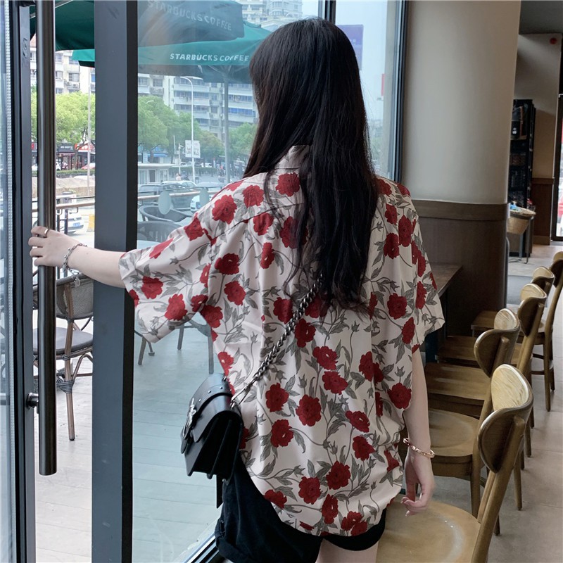 Áo sơ mi chiffon from rộng unisex in hoa hồng phong cách retro Hàn Quốc | WebRaoVat - webraovat.net.vn