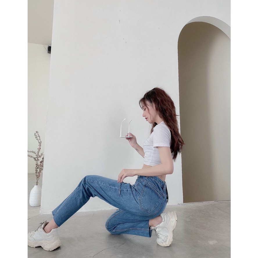 Quần jean nữ baggy ống bo rách gối , chất vải Jean Denim không co giãn, dày bền màu AnNgo - AT135