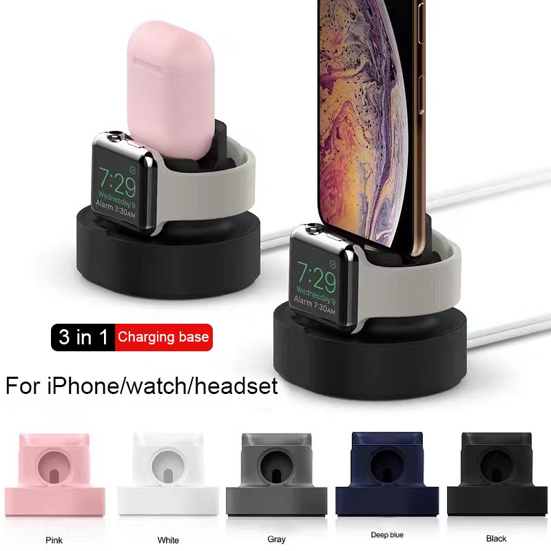 Đế Sạc Bằng Silicone 3 Trong 1 Cho Đồng Hồ Apple Watch Series 7 6 5 4 3 2 1 SE IWatch IPhone Airpods