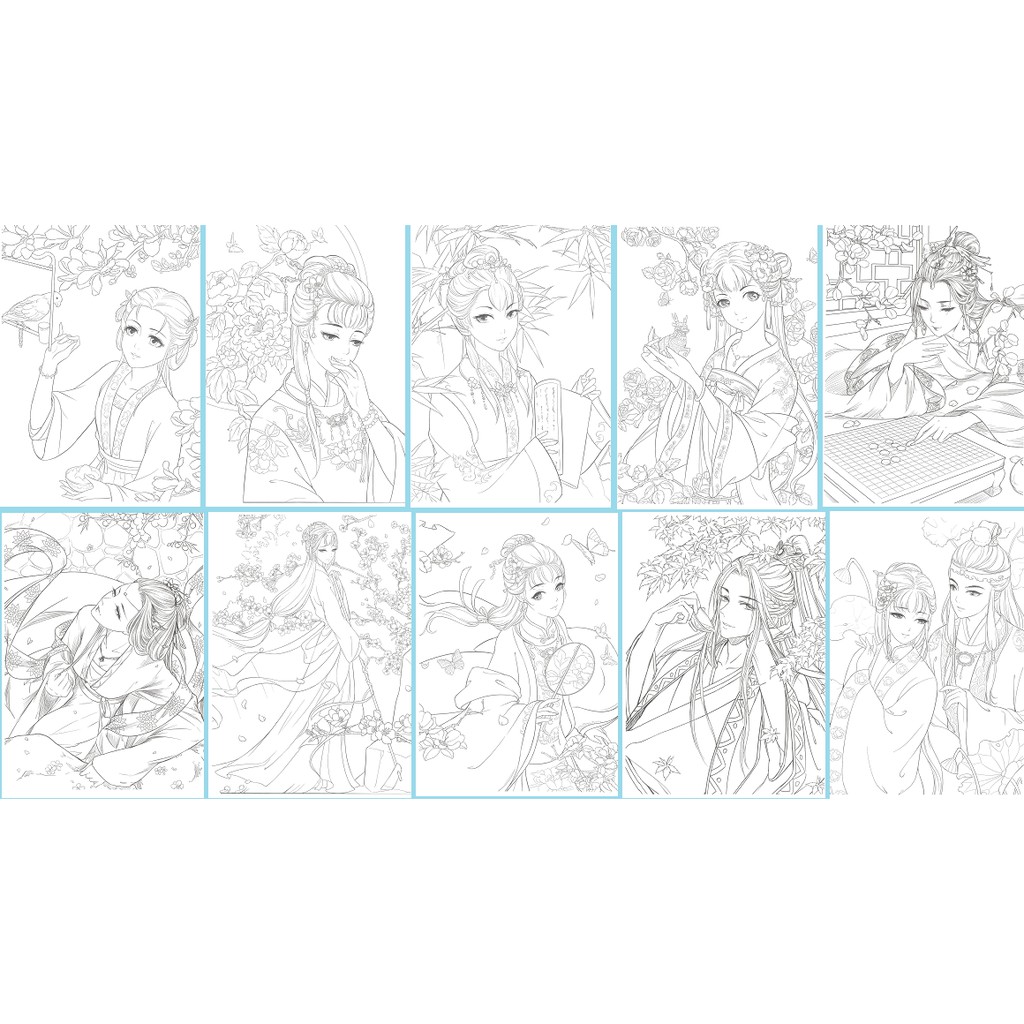 Tranh tô màu chì, màu nước Cổ Trang, Anime A4-Lineart, 10 tranh