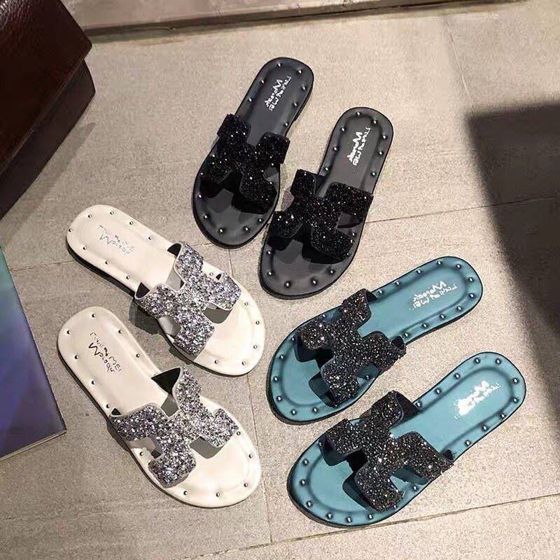 Dép chữ H đính đá viền đinh siêu đẹp