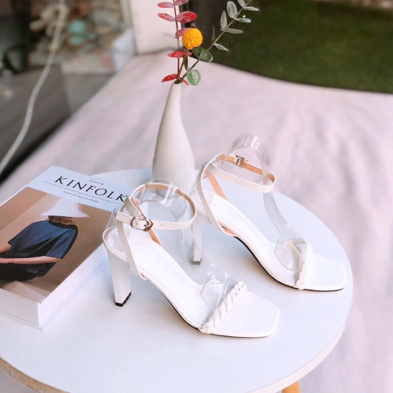 Sandal nữ cao gót 8p quai tết nhỏ gót dẹt-Hàng có sẵn