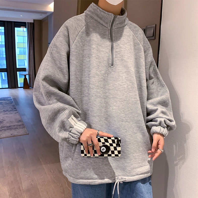 Áo khoác sweater cổ đứng tay dài dáng rộng có khóa kéo một nửa thời trang thu đông dành cho nam