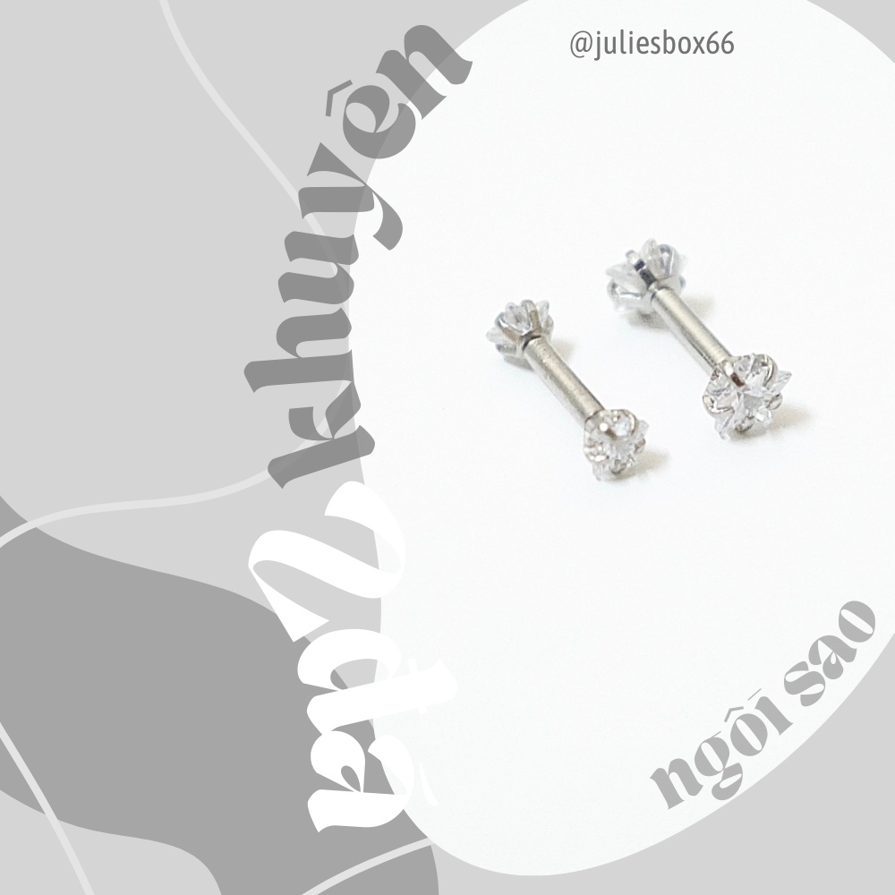 Khuyên Tai 2 Đầu Đá Ngôi Sao Màu Bạc Unisex Titanium Không Gỉ Không Ngứa Không Đen julies box 66