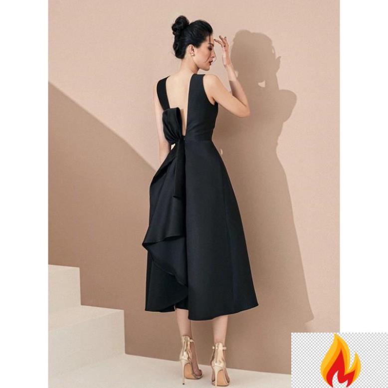 Đầm đen dự tiệc sang trọng dáng xoè hở lưng nơ Taffeta cao cấp - MN104 - Đầm Váy Mina hfZ1