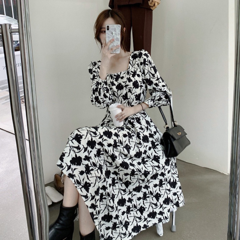 Đầm maxi Dài Cổ Vuông Màu Đen In Họa Tiết Hoa Phong Cách Pháp Cổ Điển Thời Trang Cho Nữ